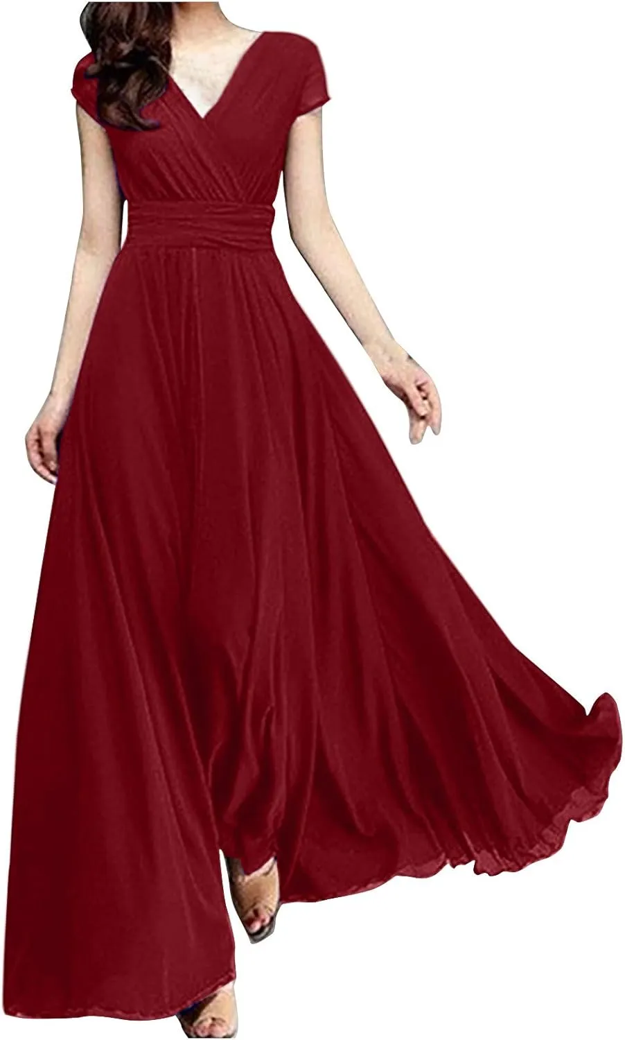 Wedding Guest Dresses for Women Chiffon Cap Sleeve V Neck Maxi Length Evening Ball Gowns Flowy Bridesmaid Dresses