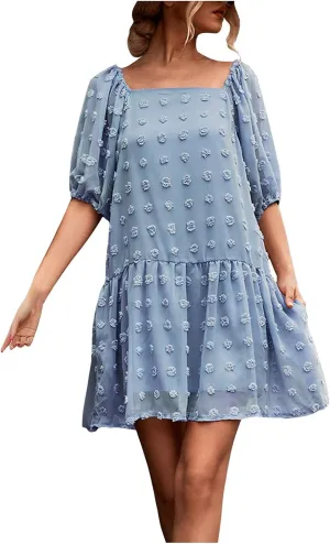 Women Boho Dress Short Puff Sleeve Square Neck Swiss Dot Ruffle Tiered Mini Dresses Summer Casual Loose Babydoll Dress