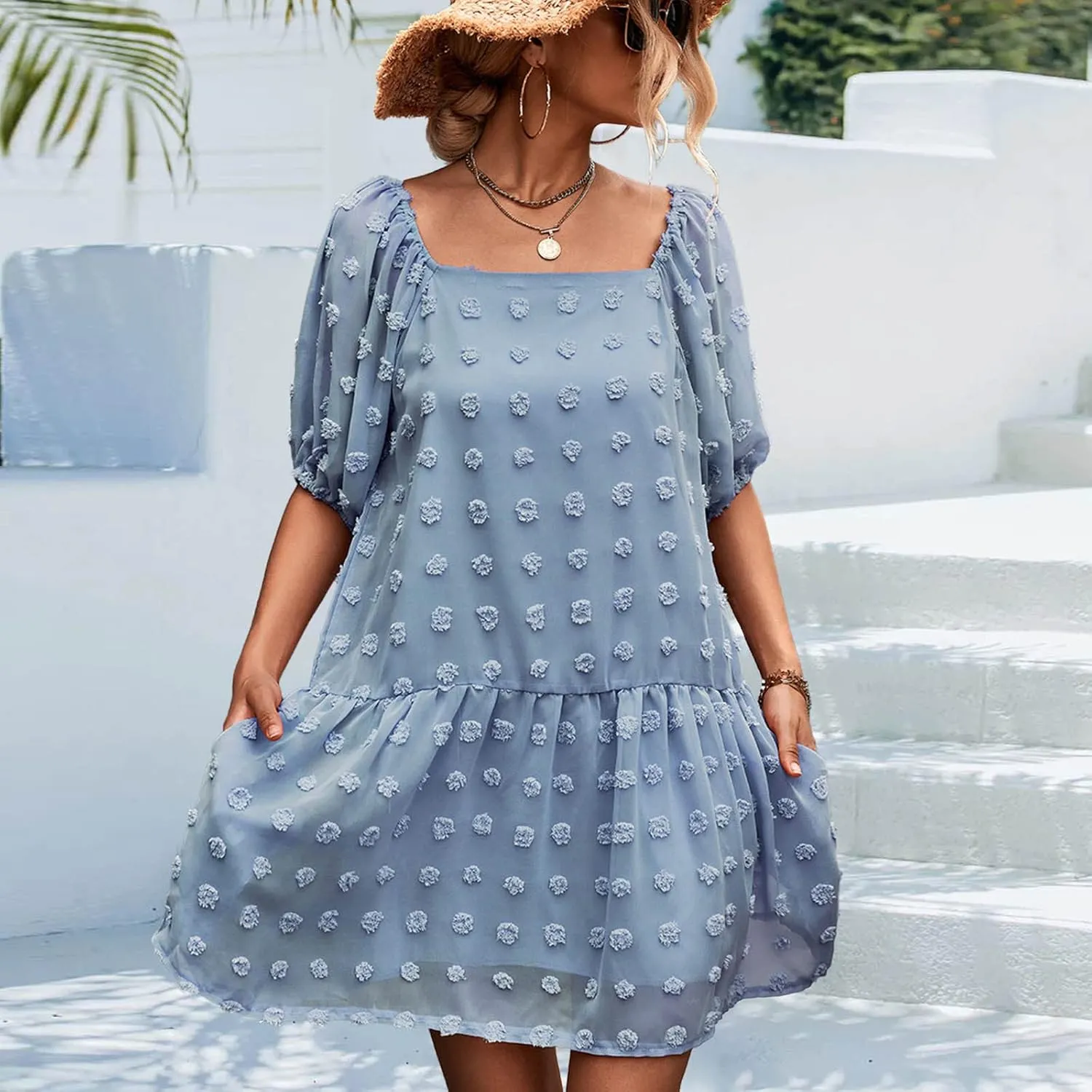 Women Boho Dress Short Puff Sleeve Square Neck Swiss Dot Ruffle Tiered Mini Dresses Summer Casual Loose Babydoll Dress