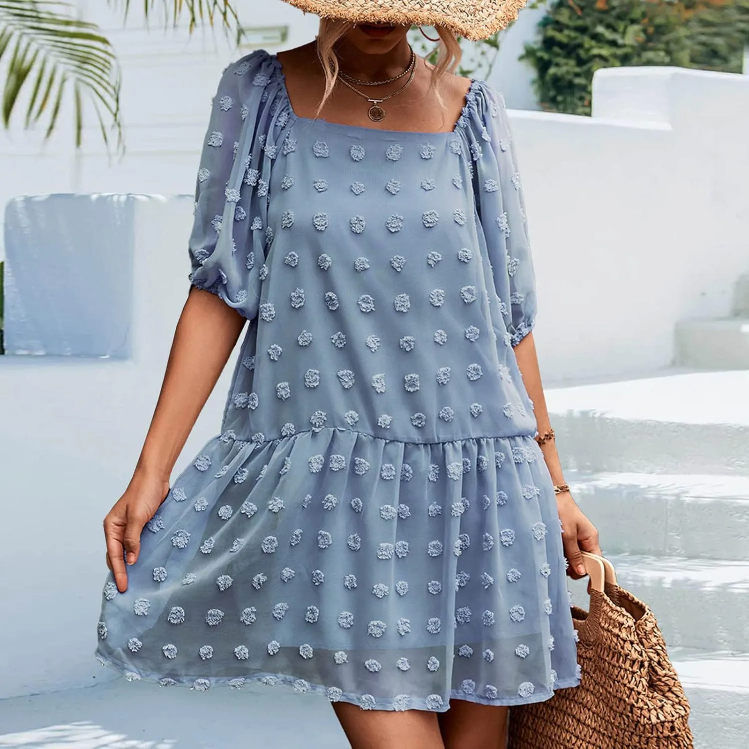 Women Boho Dress Short Puff Sleeve Square Neck Swiss Dot Ruffle Tiered Mini Dresses Summer Casual Loose Babydoll Dress