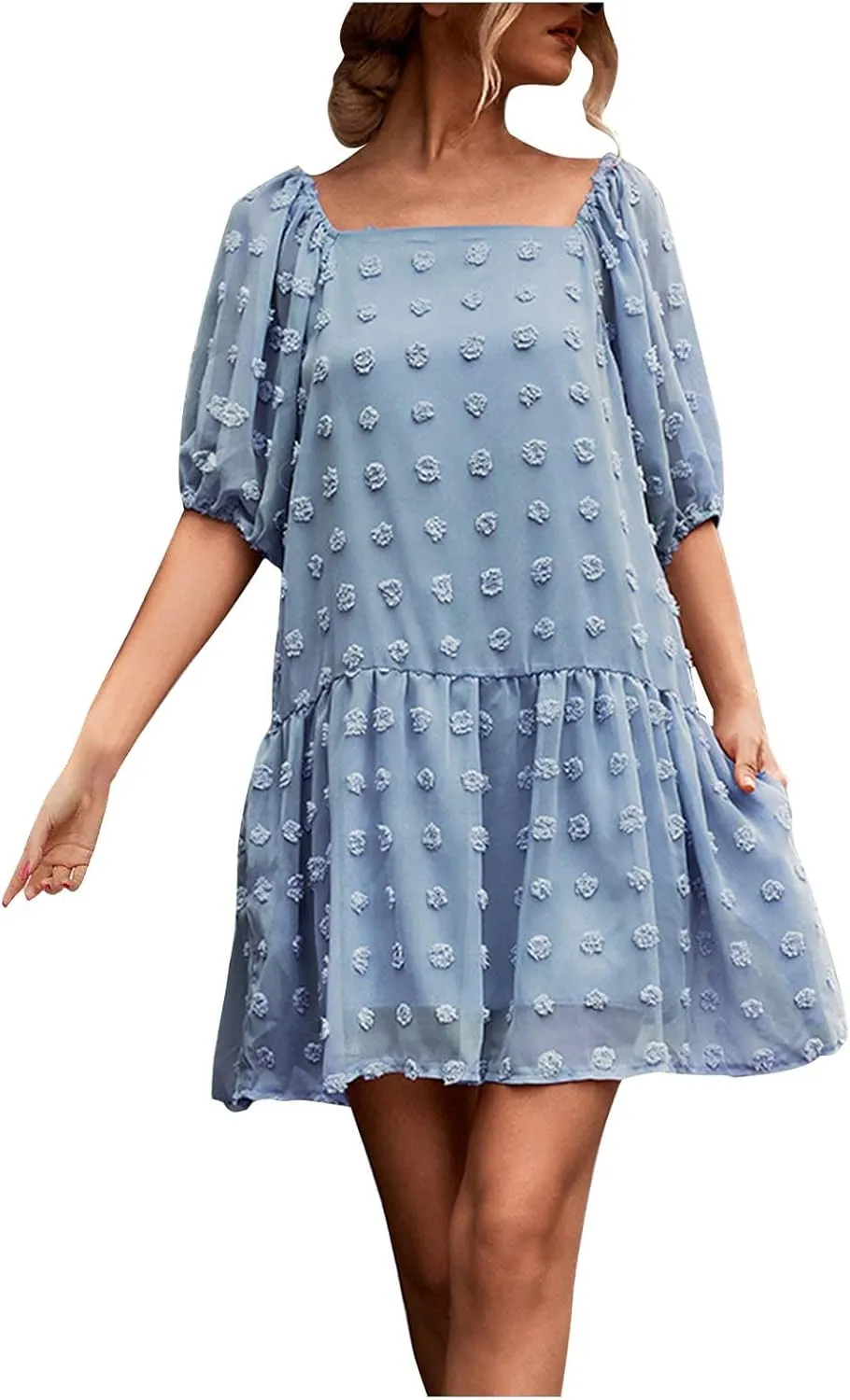 Women Boho Dress Short Puff Sleeve Square Neck Swiss Dot Ruffle Tiered Mini Dresses Summer Casual Loose Babydoll Dress