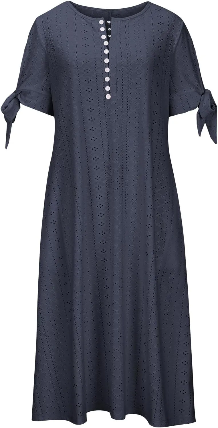 Women Boho Summer Dresses Eyelet V Neck Button Dress Short Sleeve Sundress Beach Vacation Long Dresses with Pockets
