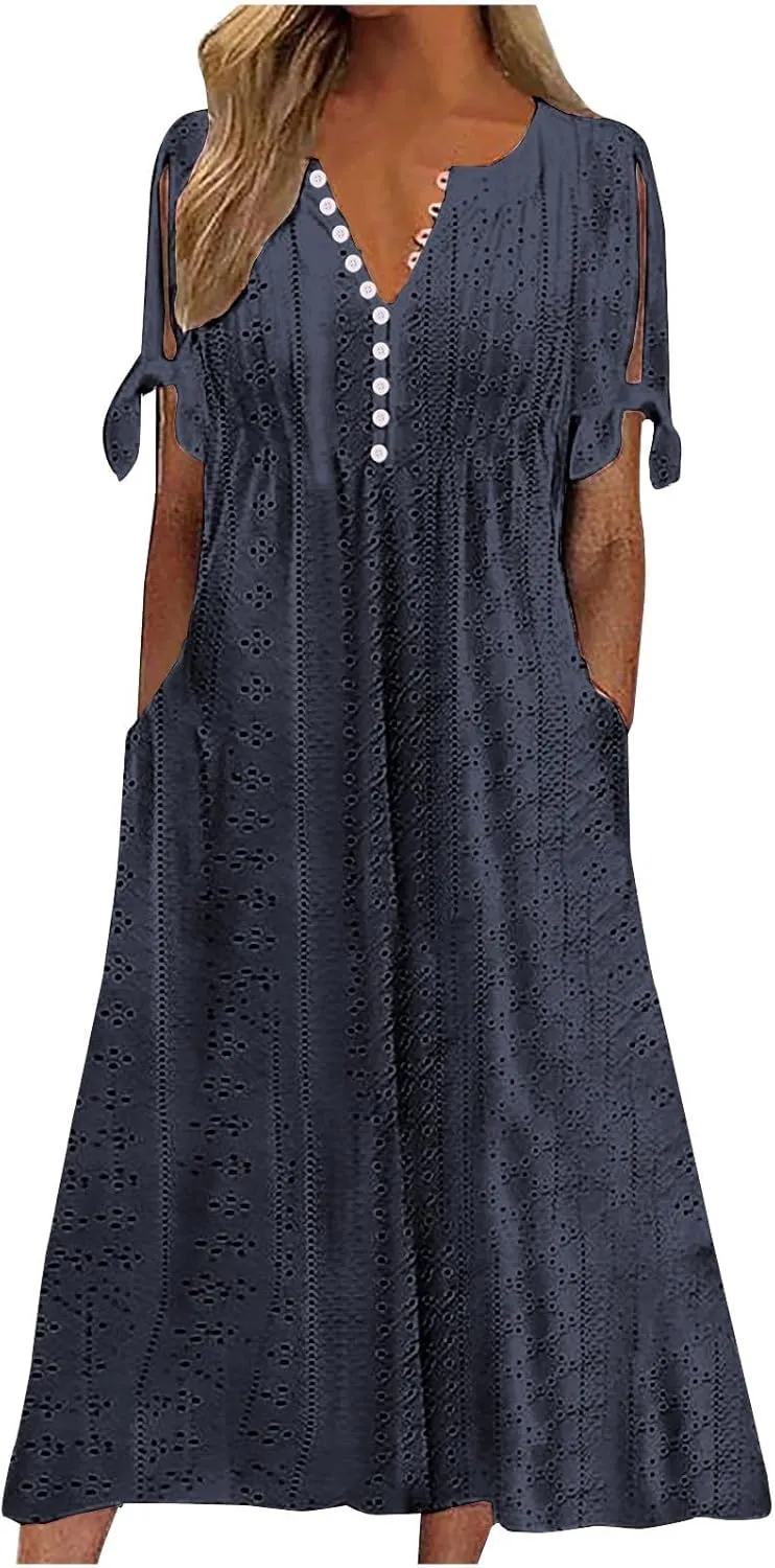 Women Boho Summer Dresses Eyelet V Neck Button Dress Short Sleeve Sundress Beach Vacation Long Dresses with Pockets