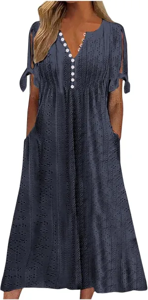 Women Boho Summer Dresses Eyelet V Neck Button Dress Short Sleeve Sundress Beach Vacation Long Dresses with Pockets