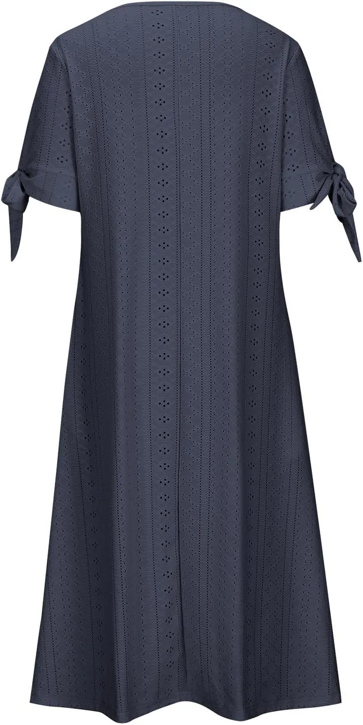 Women Boho Summer Dresses Eyelet V Neck Button Dress Short Sleeve Sundress Beach Vacation Long Dresses with Pockets