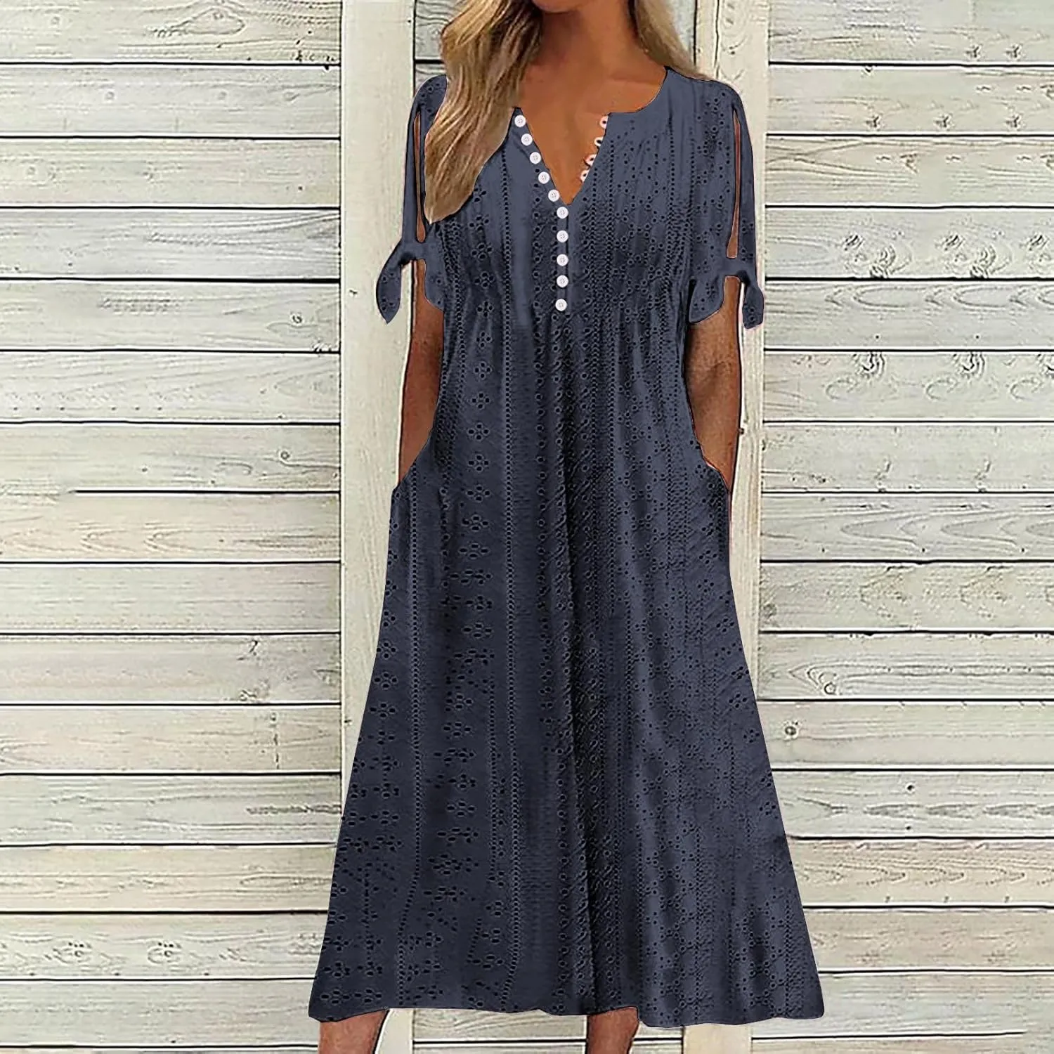 Women Boho Summer Dresses Eyelet V Neck Button Dress Short Sleeve Sundress Beach Vacation Long Dresses with Pockets