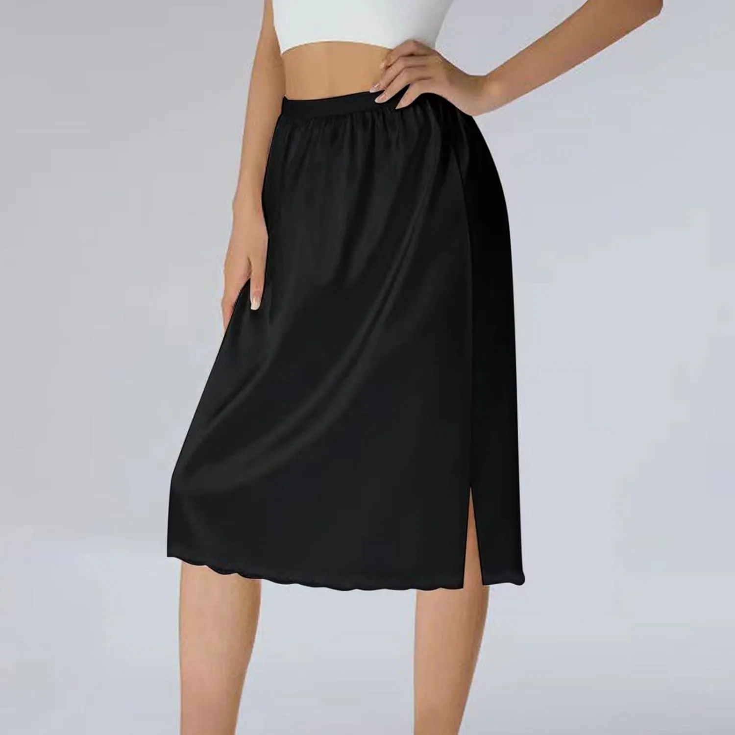 Women Half Slips Under Dress Lace Hem Elastic Waist Petticoat Underskirt Knee Length Midi Skirt Sexy Mini Skirt