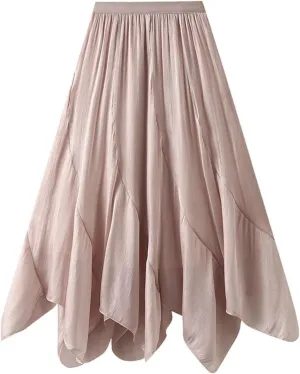 Women Handkerchief Hem Midi Skirt Pleated Lightweight A-line Fairy Tiered Ruffle Casual Skirt Wear to Homecoming