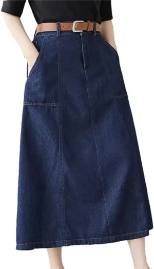 Women High Waisted Denim Skirt Loose A-Line Skirt Medium Length Solid Color Jeans Skirt