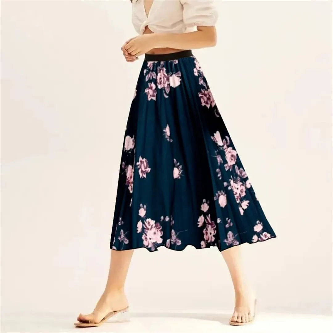 Women High Waisted Midi Long Skirt Spring Summer A-Line Skirt Elegant Printed Flower Pleated Skirt for