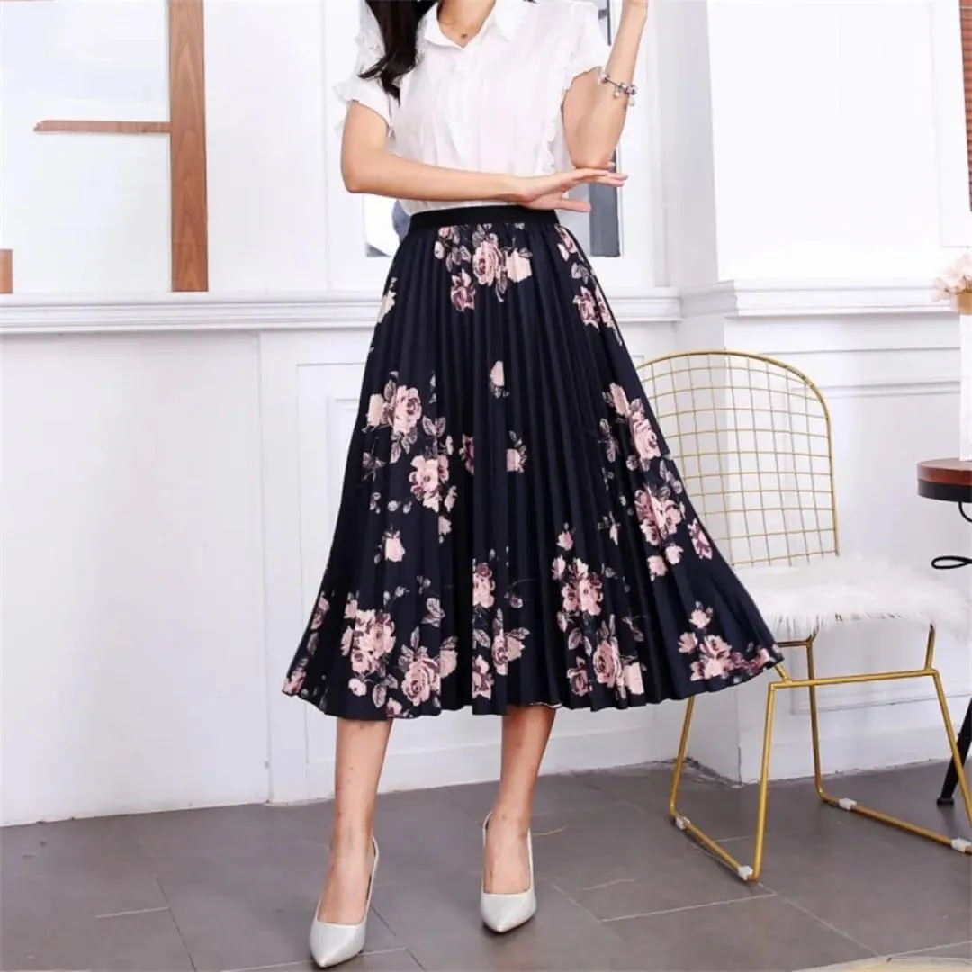 Women High Waisted Midi Long Skirt Spring Summer A-Line Skirt Elegant Printed Flower Pleated Skirt for