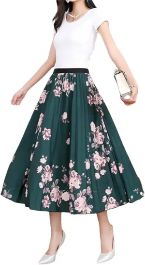Women High Waisted Midi Long Skirt Spring Summer A-Line Skirt Elegant Printed Flower Pleated Skirt for