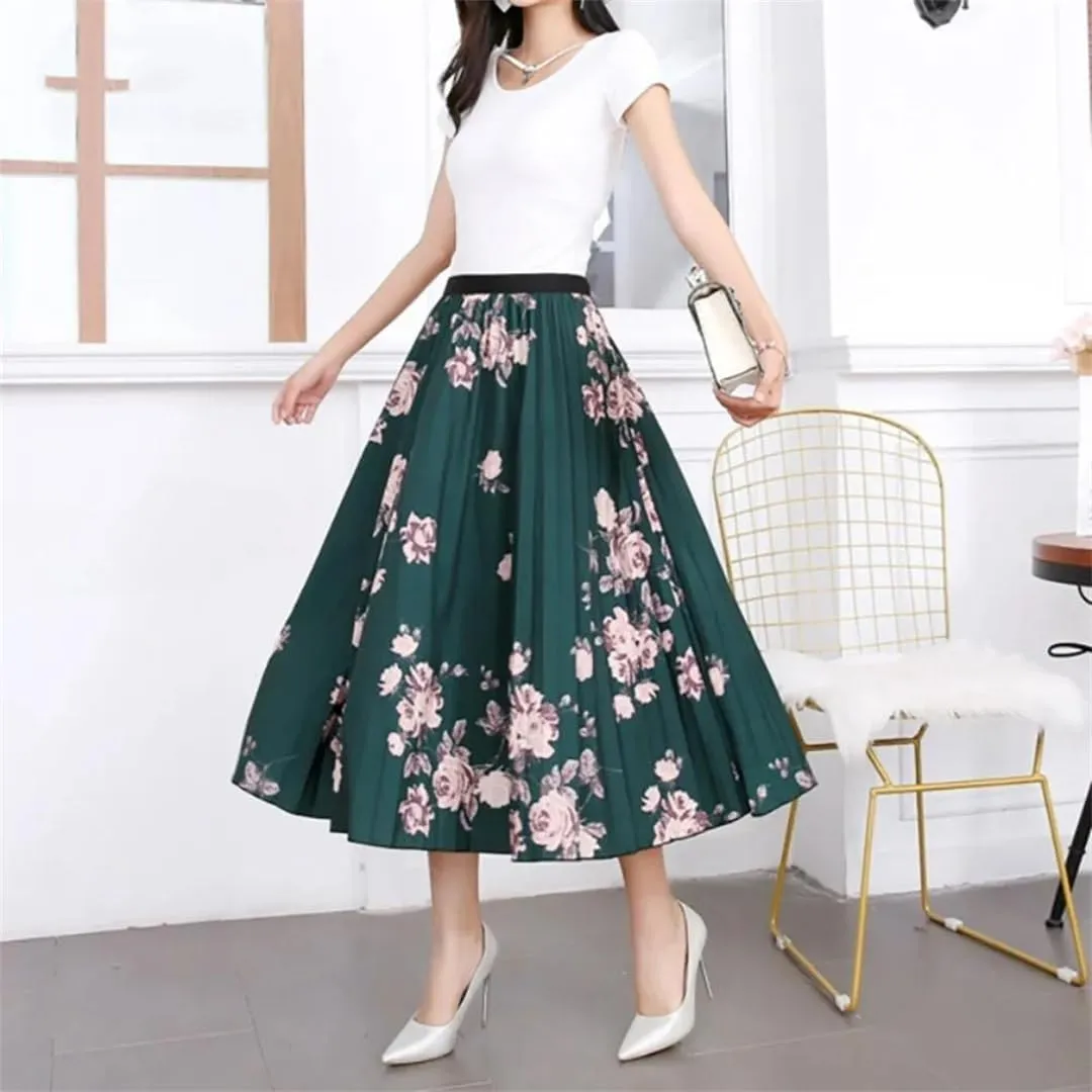 Women High Waisted Midi Long Skirt Spring Summer A-Line Skirt Elegant Printed Flower Pleated Skirt for
