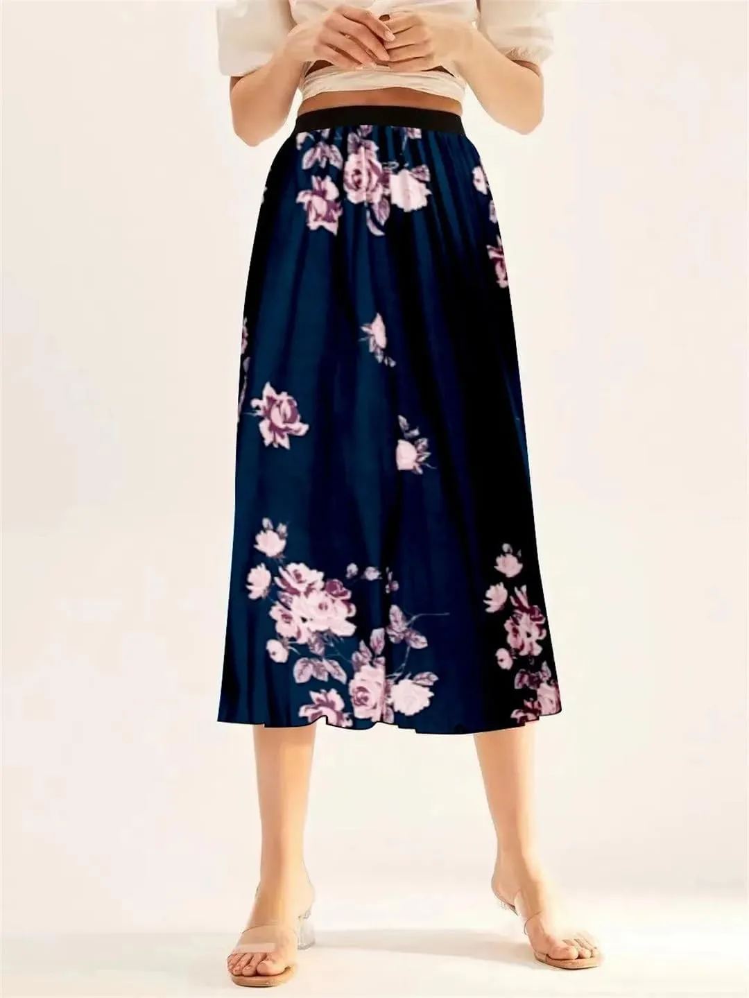 Women High Waisted Midi Long Skirt Spring Summer A-Line Skirt Elegant Printed Flower Pleated Skirt for