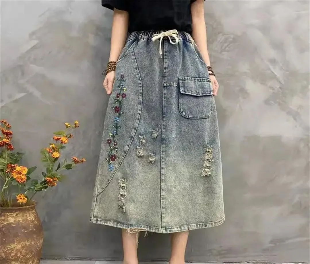 Women Retro Embroidered Denim Skirt Loose High Waisted Jeans Skirt A Line Denim Skirts