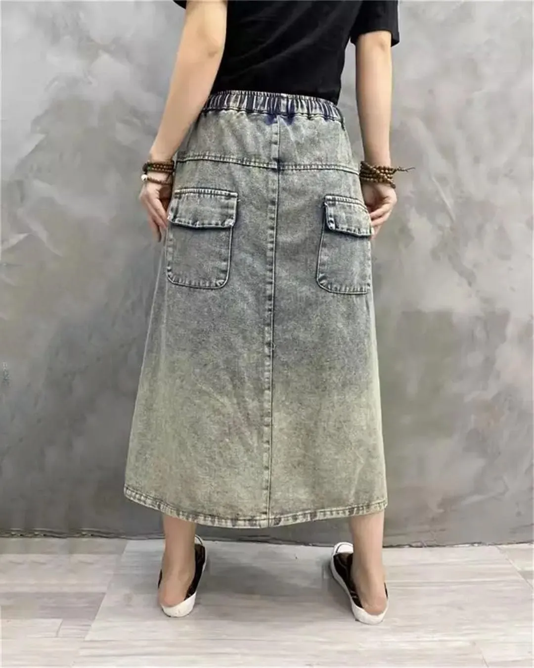 Women Retro Embroidered Denim Skirt Loose High Waisted Jeans Skirt A Line Denim Skirts