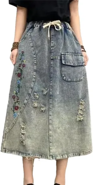 Women Retro Embroidered Denim Skirt Loose High Waisted Jeans Skirt A Line Denim Skirts