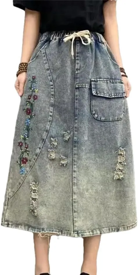 Women Retro Embroidered Denim Skirt Loose High Waisted Jeans Skirt A Line Denim Skirts