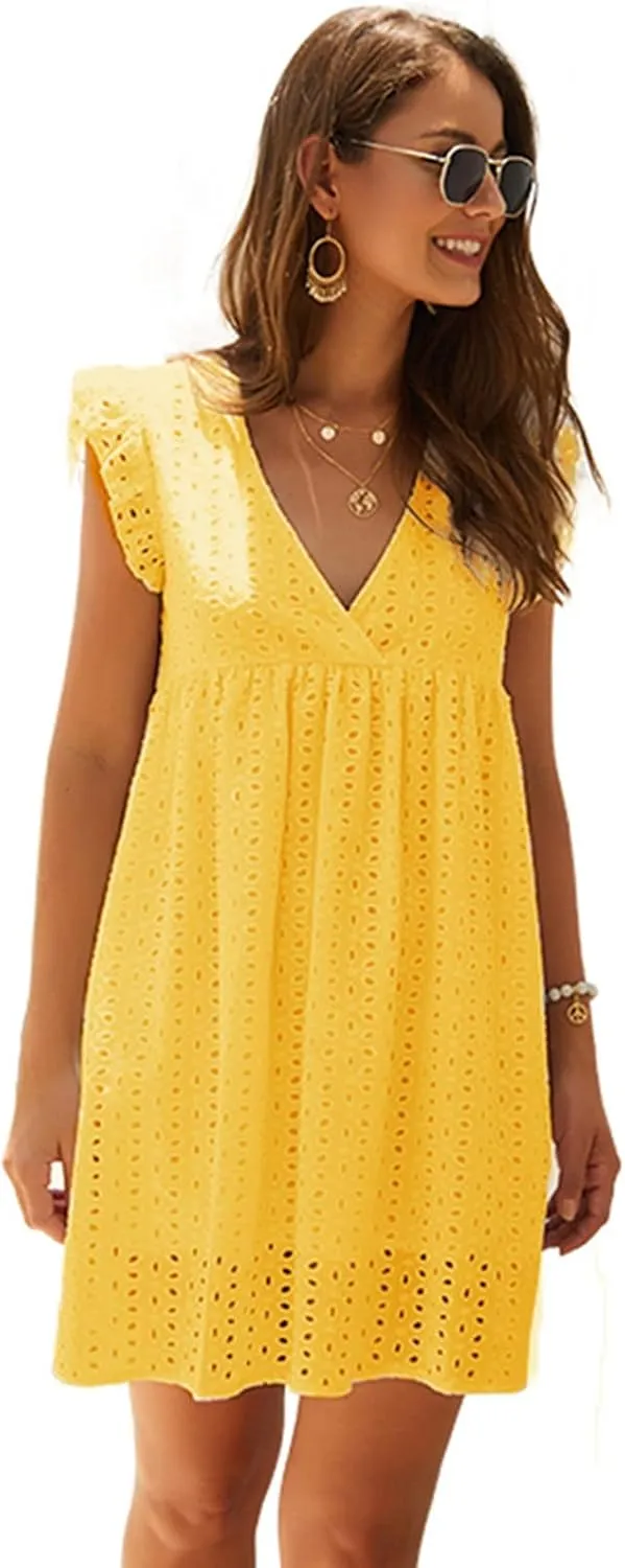 Women Summer Casual Wrap V-Neck Lace Hollow Out Ruffle Sleeveless Swing A-Line Party Birthday Babydoll Cute Mini Dresses