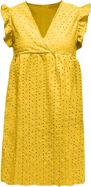 Women Summer Casual Wrap V-Neck Lace Hollow Out Ruffle Sleeveless Swing A-Line Party Birthday Babydoll Cute Mini Dresses