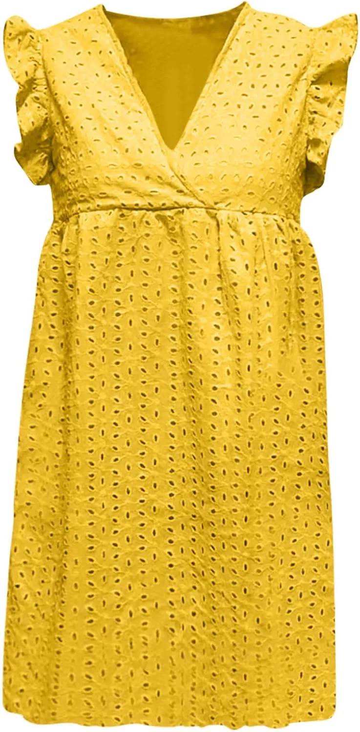 Women Summer Casual Wrap V-Neck Lace Hollow Out Ruffle Sleeveless Swing A-Line Party Birthday Babydoll Cute Mini Dresses