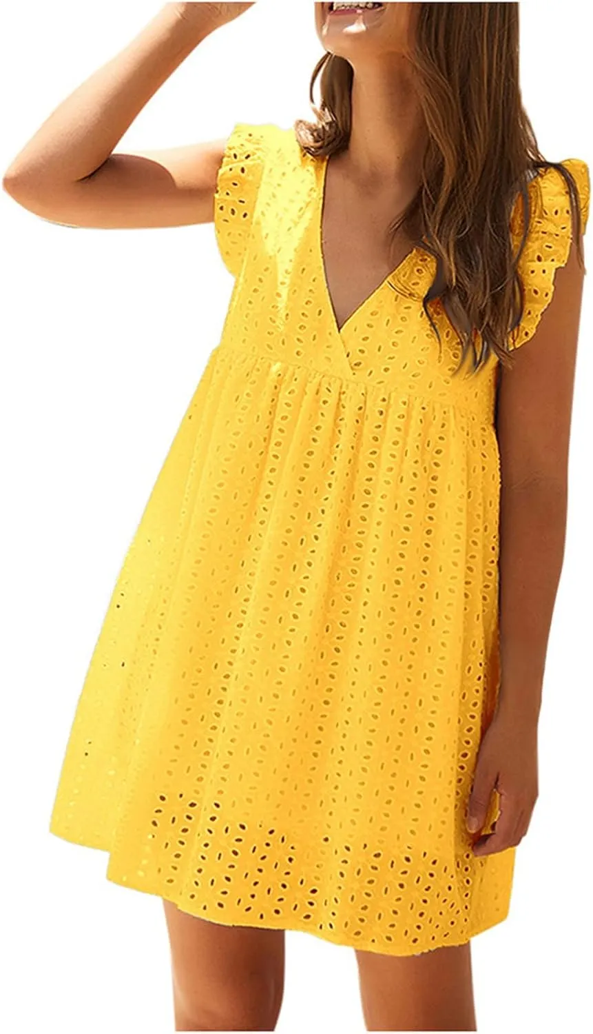 Women Summer Casual Wrap V-Neck Lace Hollow Out Ruffle Sleeveless Swing A-Line Party Birthday Babydoll Cute Mini Dresses