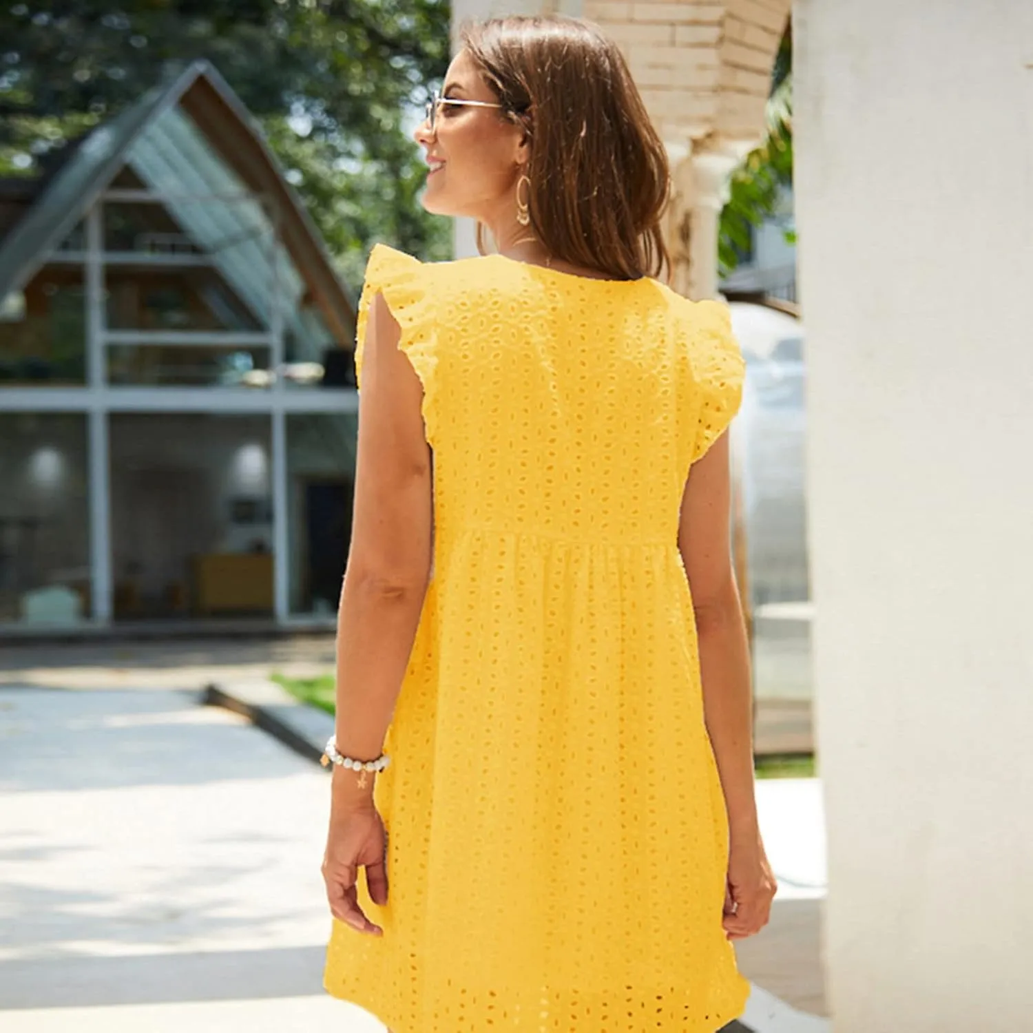 Women Summer Casual Wrap V-Neck Lace Hollow Out Ruffle Sleeveless Swing A-Line Party Birthday Babydoll Cute Mini Dresses
