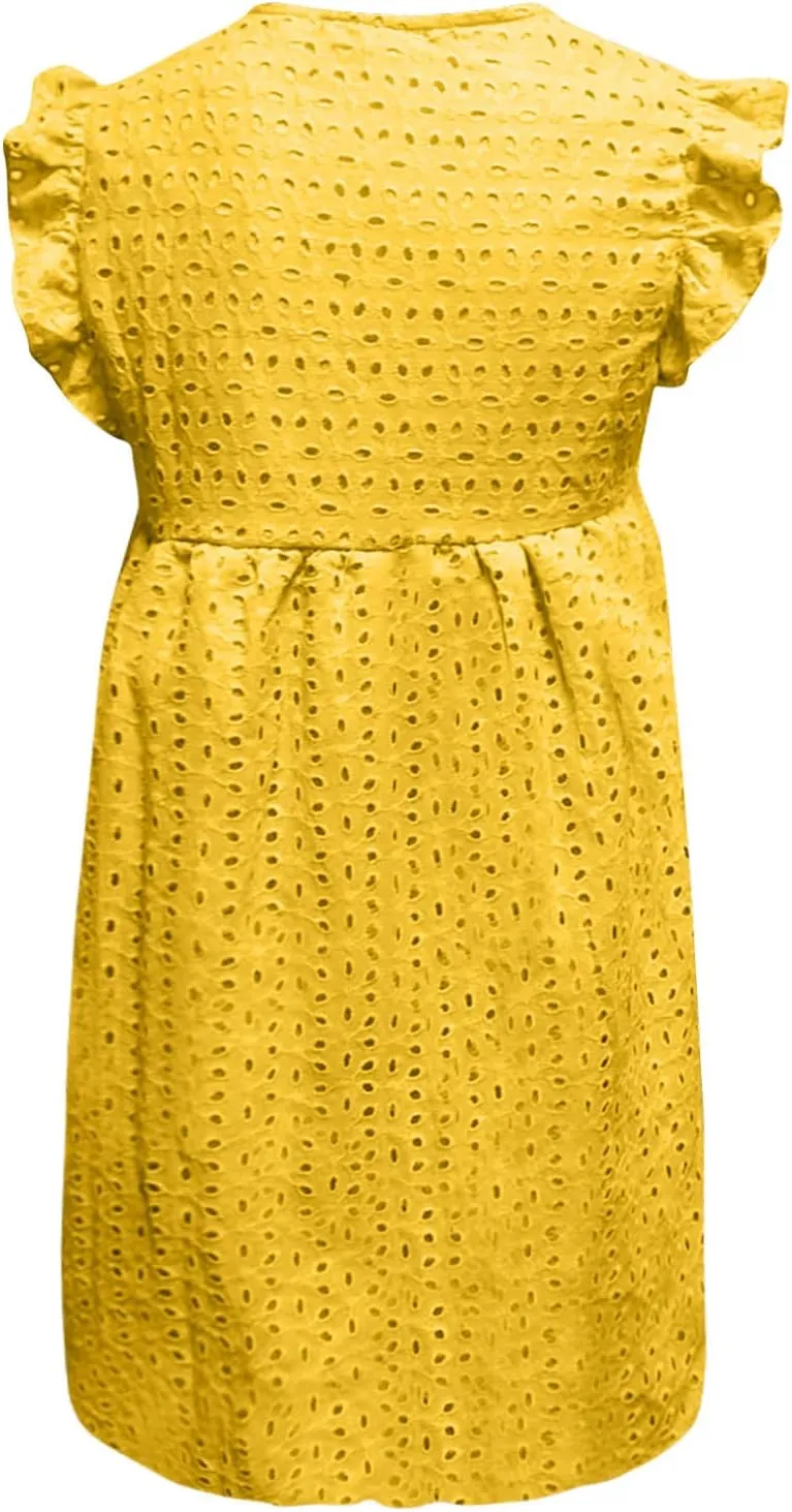 Women Summer Casual Wrap V-Neck Lace Hollow Out Ruffle Sleeveless Swing A-Line Party Birthday Babydoll Cute Mini Dresses
