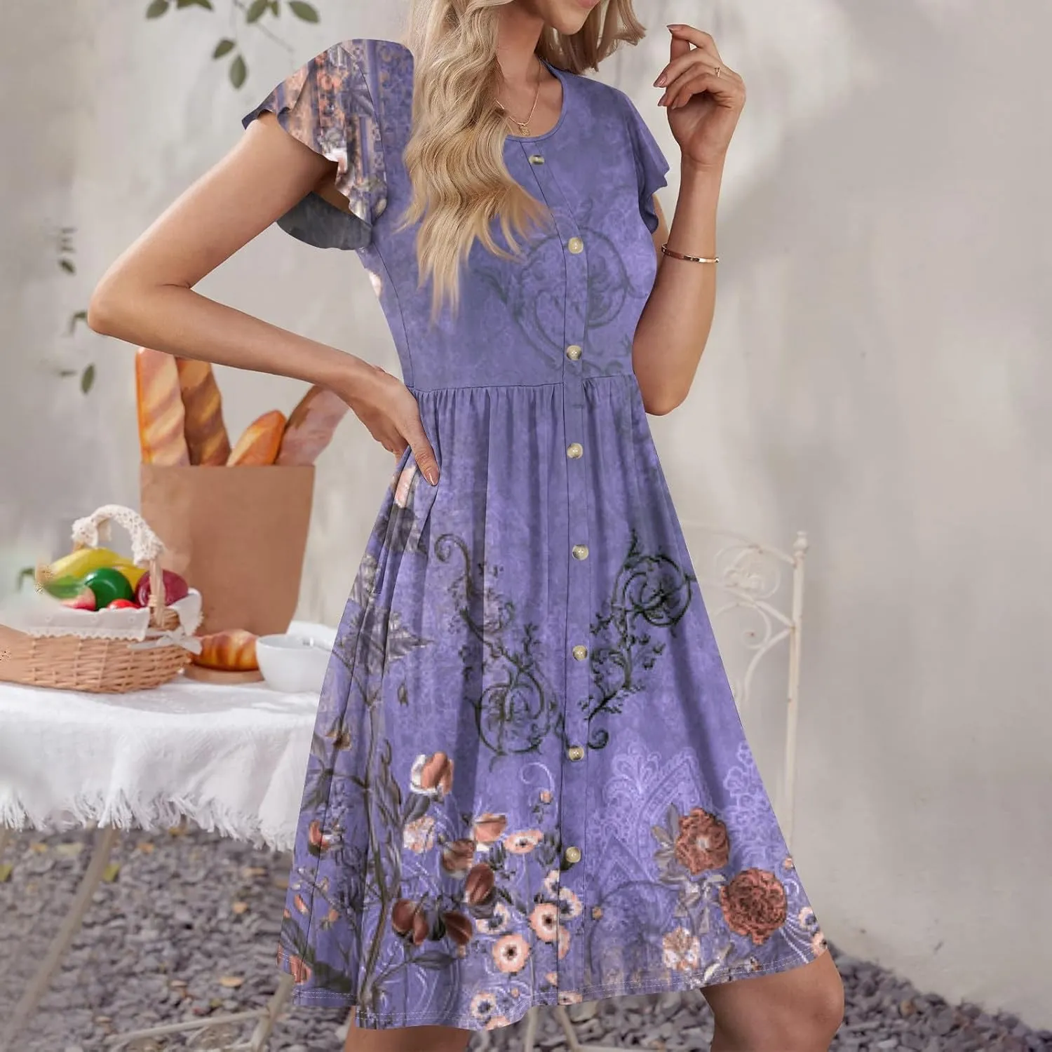 Women Summer Dresses Round Neck Summer Short Sleeve Casual Printed Loose Button Midi Beach Dresses with Pocket