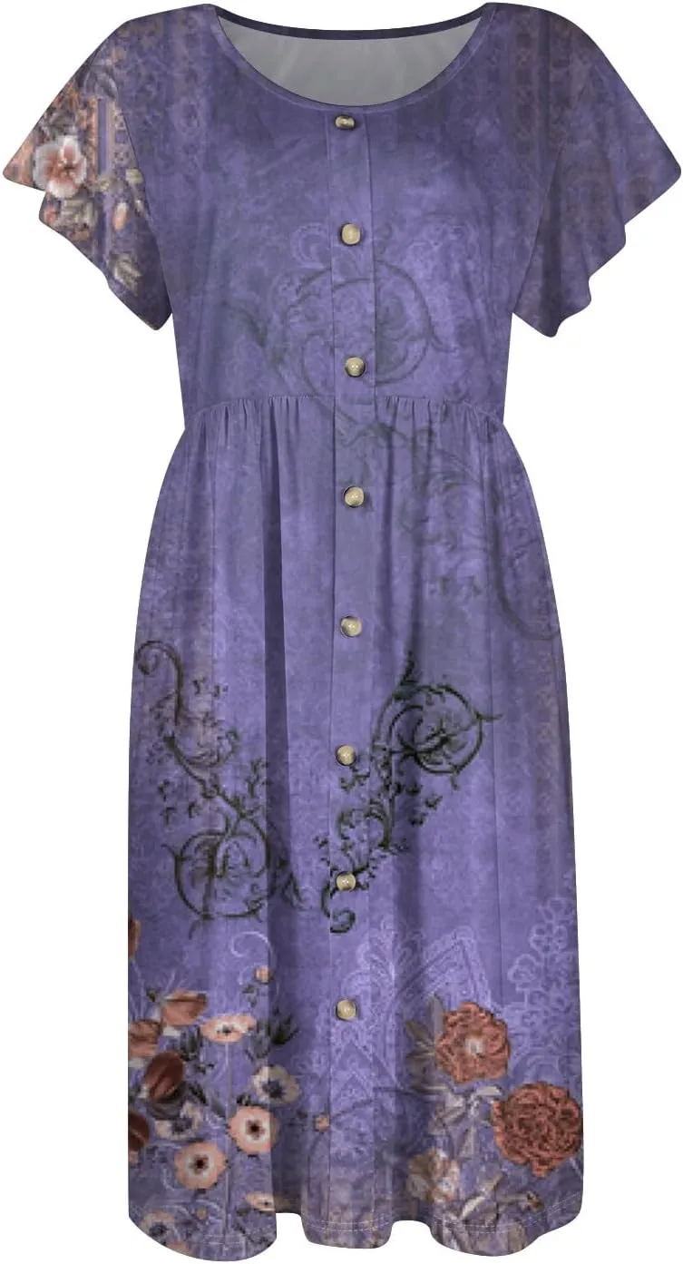 Women Summer Dresses Round Neck Summer Short Sleeve Casual Printed Loose Button Midi Beach Dresses with Pocket