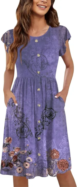 Women Summer Dresses Round Neck Summer Short Sleeve Casual Printed Loose Button Midi Beach Dresses with Pocket