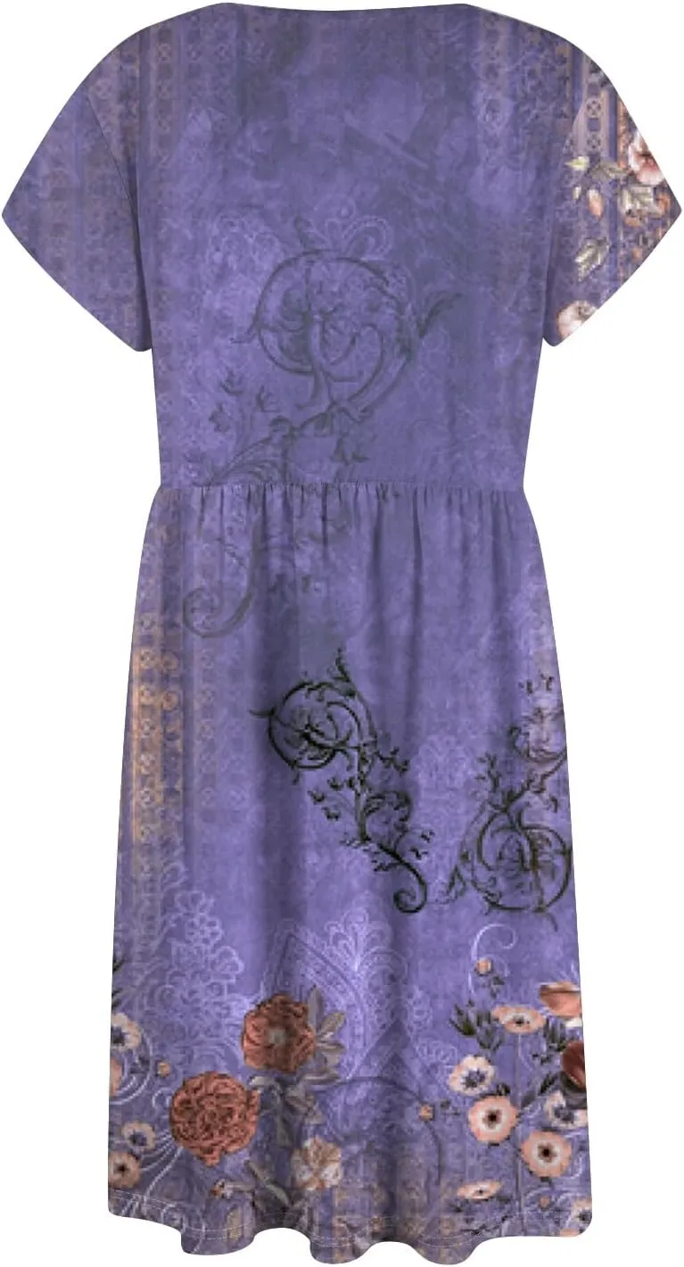 Women Summer Dresses Round Neck Summer Short Sleeve Casual Printed Loose Button Midi Beach Dresses with Pocket
