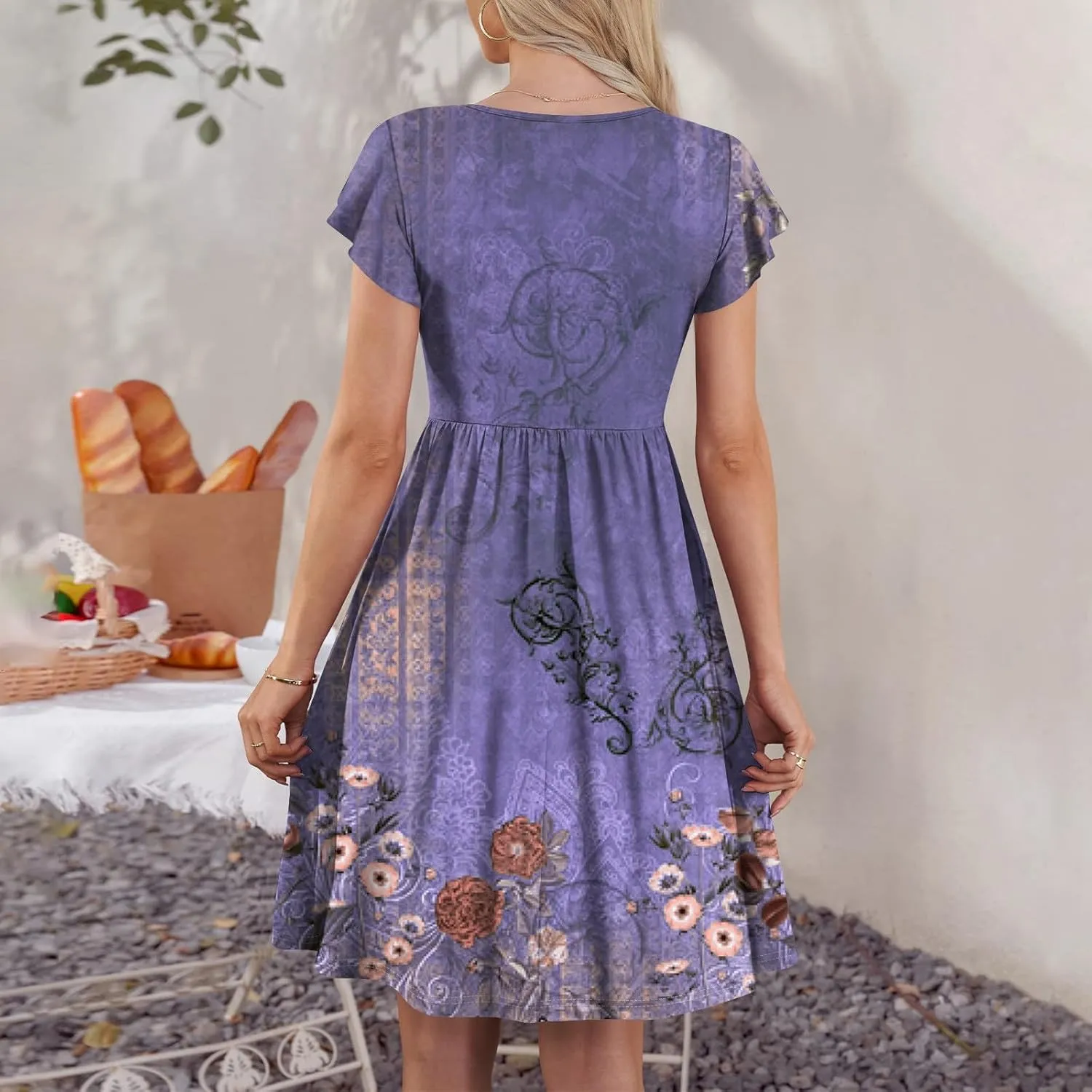 Women Summer Dresses Round Neck Summer Short Sleeve Casual Printed Loose Button Midi Beach Dresses with Pocket
