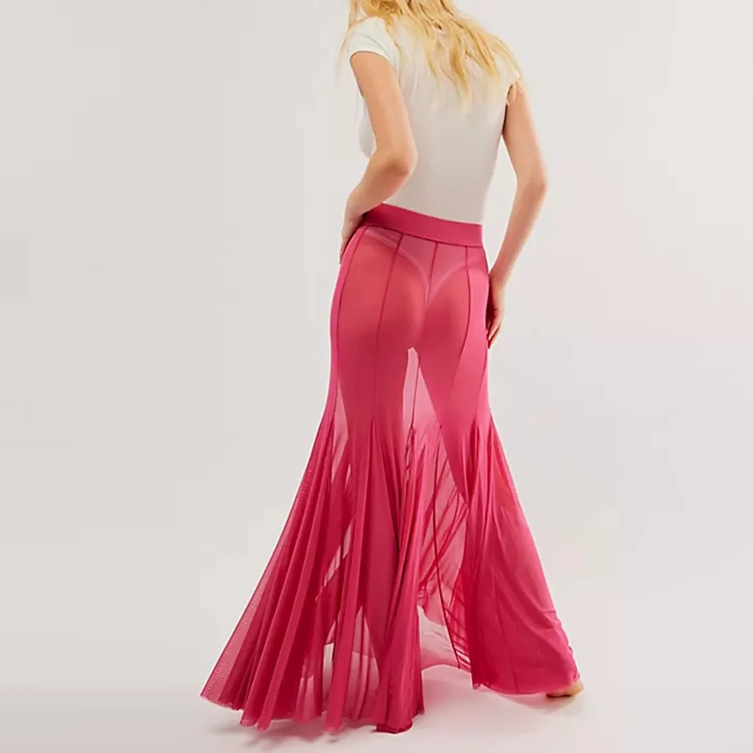 Women Summer Maxi Skirts Sheer Mesh See Through Midi Skirt High Waist Swimsuit Cover Up Y2k Beach Flowy Long Skirt