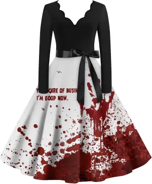 Womens 2024 Casual Long Sleeve Plus Size Fashion Loose Halloween Graphic Printed Vintage Dresses