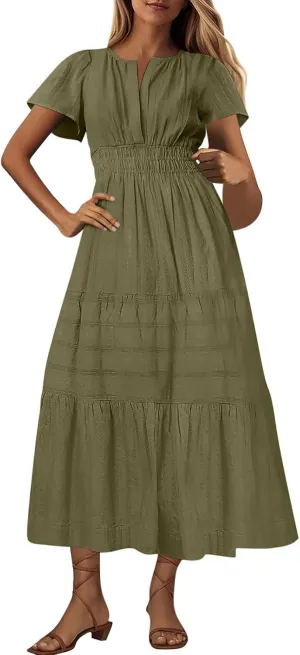 Women's 2025 Casual Summer Beach Maxi Dresses Short Sleeve V Neck Boho Swing Dress Fashion Vacation Long Sundress