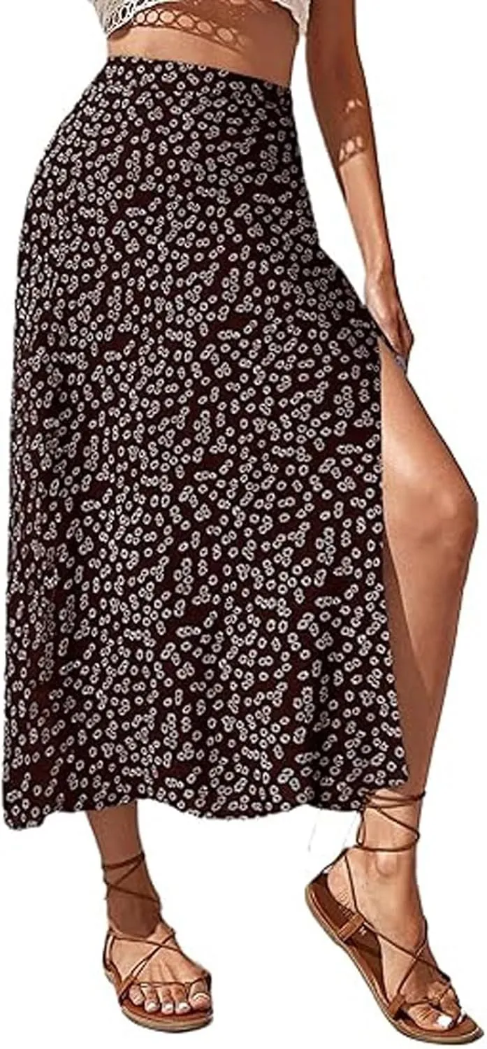 Womens Boho Floral Skirt with Slit Summer Beach Flowy Midi Skirts Sexy High Waisted A-Line Skirts Casual Wraps Skirt Dresses