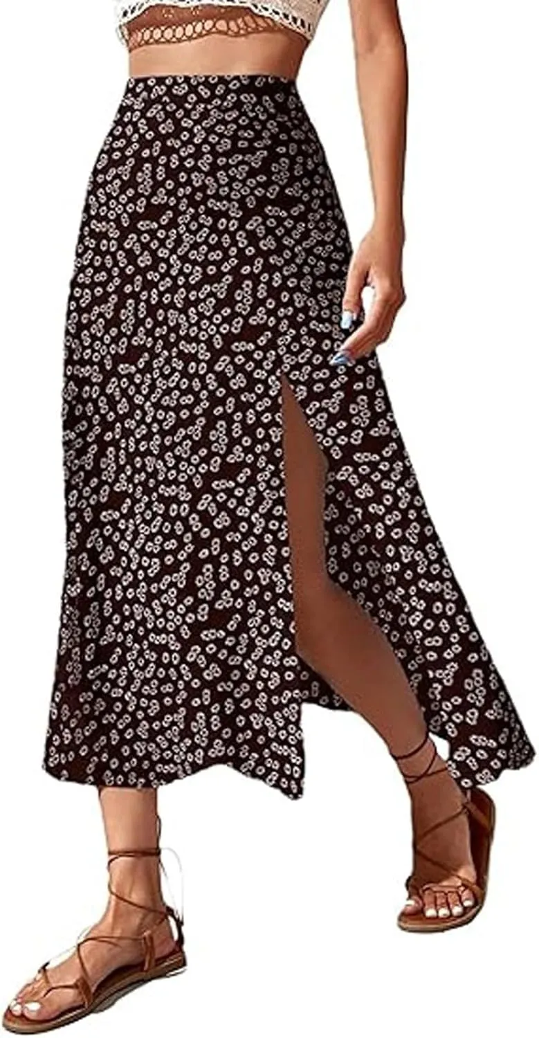 Womens Boho Floral Skirt with Slit Summer Beach Flowy Midi Skirts Sexy High Waisted A-Line Skirts Casual Wraps Skirt Dresses