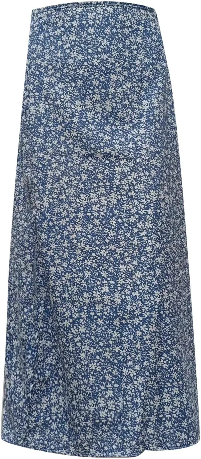 Womens Boho Floral Skirt with Slit Summer Beach Flowy Midi Skirts Sexy High Waisted A-Line Skirts Casual Wraps Skirt Dresses