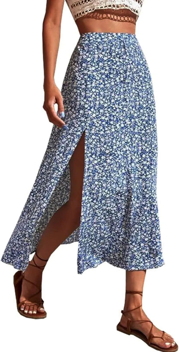 Womens Boho Floral Skirt with Slit Summer Beach Flowy Midi Skirts Sexy High Waisted A-Line Skirts Casual Wraps Skirt Dresses