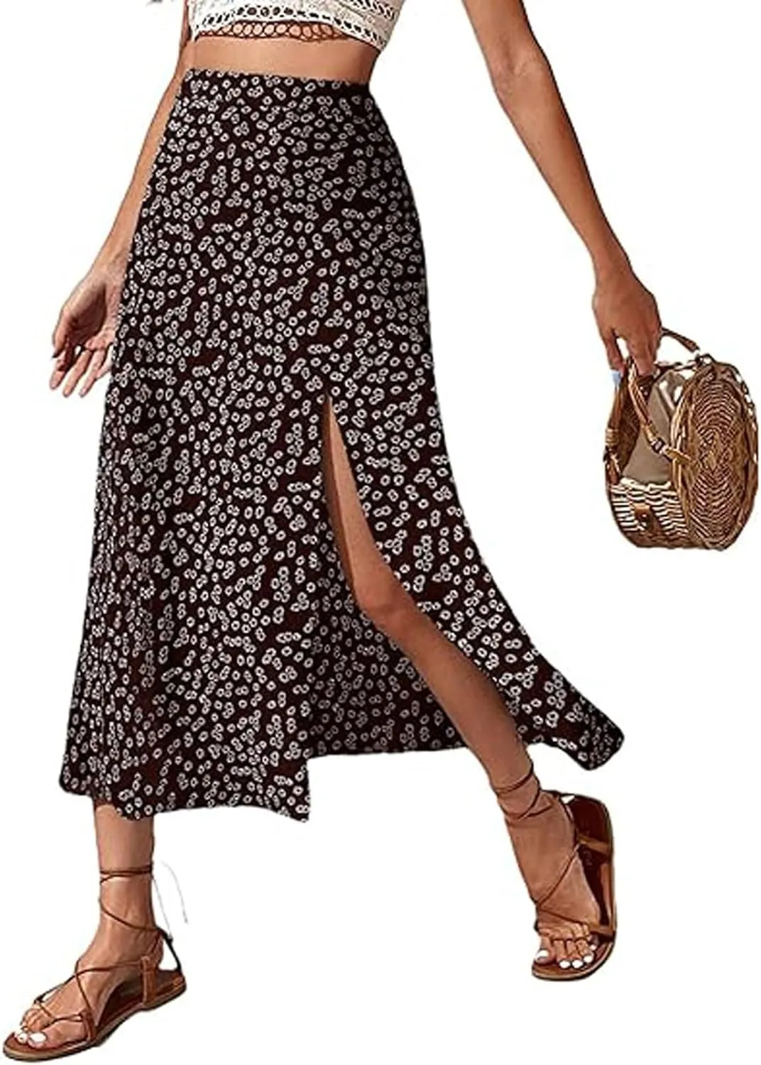 Womens Boho Floral Skirt with Slit Summer Beach Flowy Midi Skirts Sexy High Waisted A-Line Skirts Casual Wraps Skirt Dresses