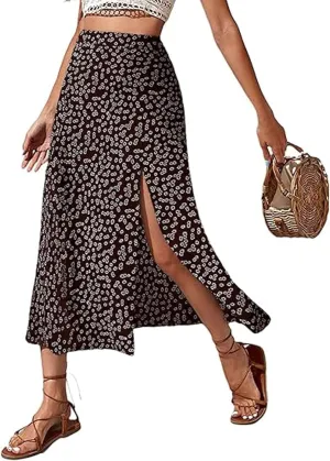 Womens Boho Floral Skirt with Slit Summer Beach Flowy Midi Skirts Sexy High Waisted A-Line Skirts Casual Wraps Skirt Dresses