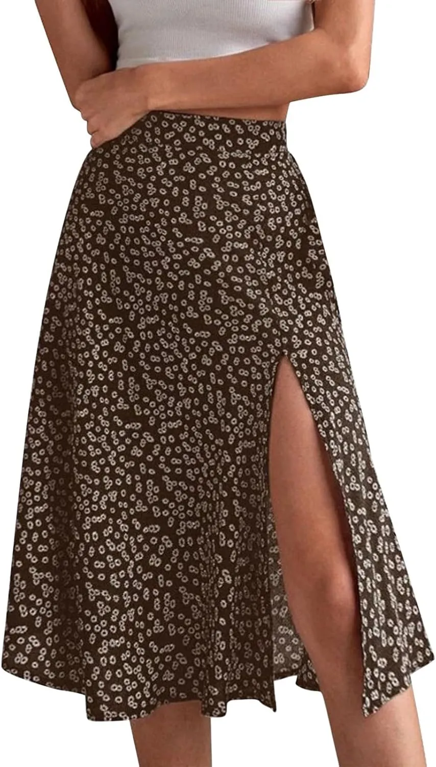 Womens Boho Floral Skirt with Slit Summer Beach Flowy Midi Skirts Sexy High Waisted A-Line Skirts Casual Wraps Skirt Dresses