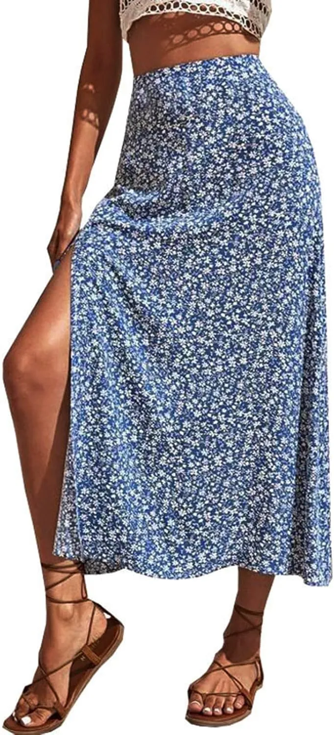 Womens Boho Floral Skirt with Slit Summer Beach Flowy Midi Skirts Sexy High Waisted A-Line Skirts Casual Wraps Skirt Dresses