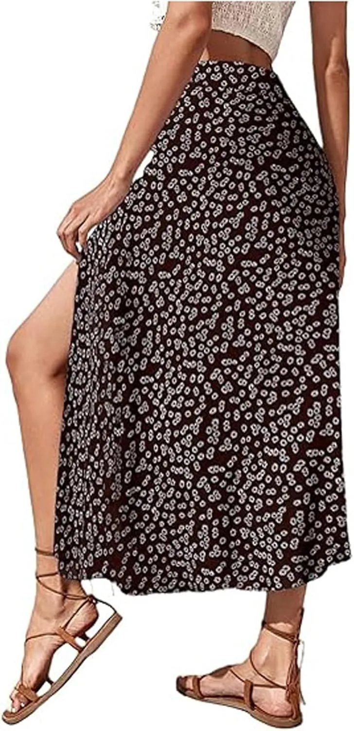Womens Boho Floral Skirt with Slit Summer Beach Flowy Midi Skirts Sexy High Waisted A-Line Skirts Casual Wraps Skirt Dresses