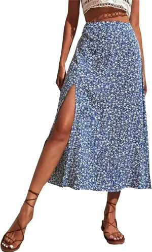 Womens Boho Floral Skirt with Slit Summer Beach Flowy Midi Skirts Sexy High Waisted A-Line Skirts Casual Wraps Skirt Dresses