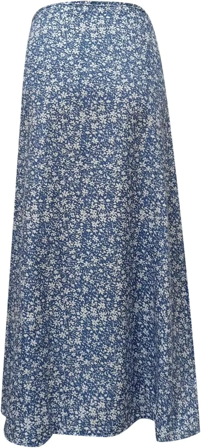 Womens Boho Floral Skirt with Slit Summer Beach Flowy Midi Skirts Sexy High Waisted A-Line Skirts Casual Wraps Skirt Dresses