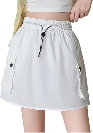 Women's Cargo Mini Skirt High Waisted Drawstring A-Line Quick Dry Workout Short Skirt with Pockets Y2K Cargo Skirts