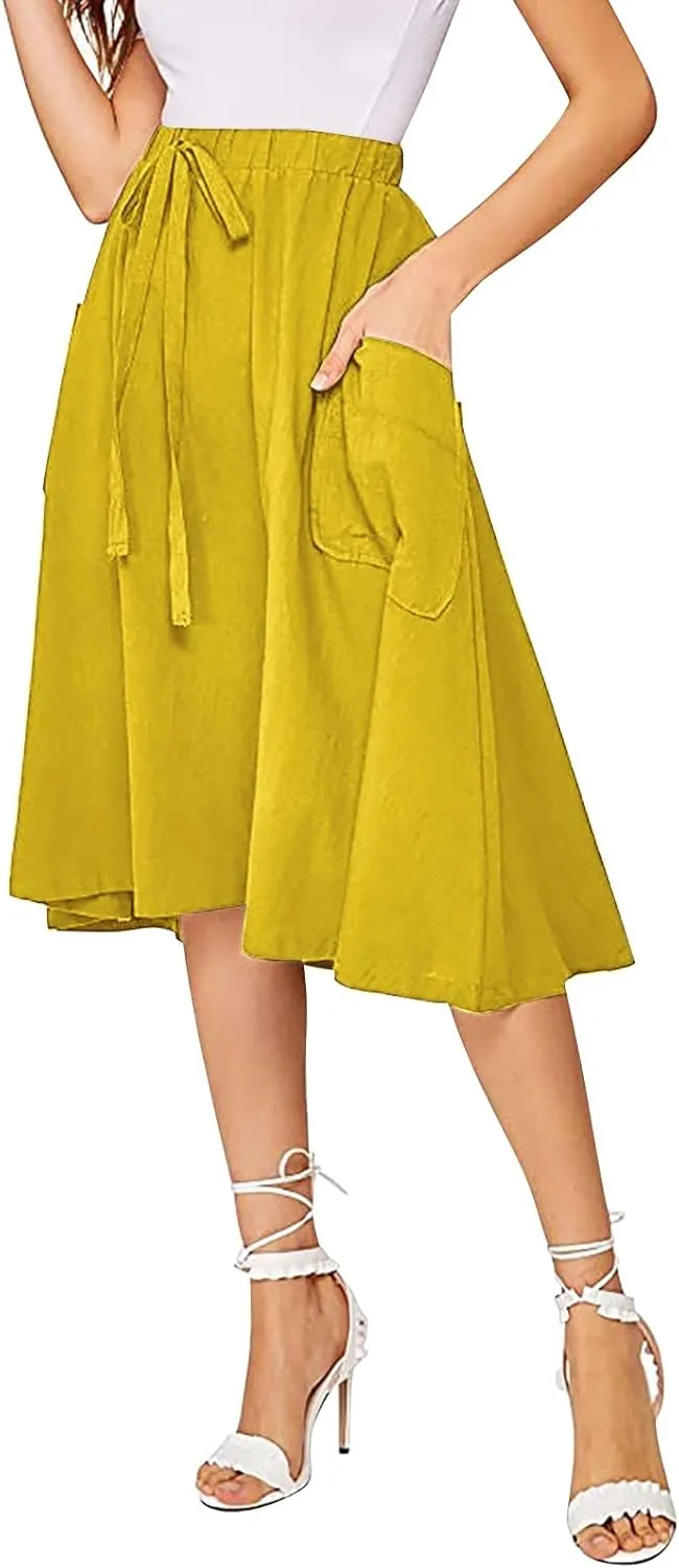 Women's Casual High Waist Pleated A Line Midi Skirt with Pocket Fashion Skirts for Women 2024 Trendy