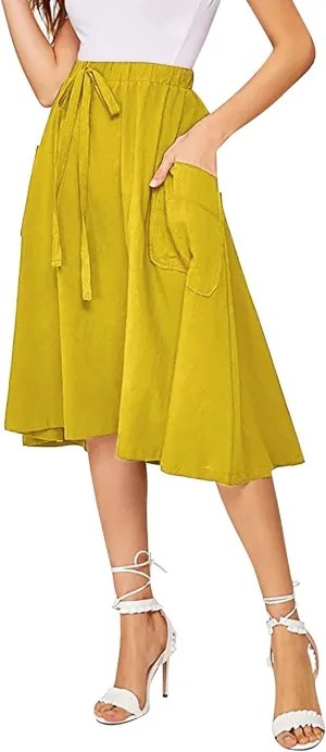 Women's Casual High Waist Pleated A Line Midi Skirt with Pocket Fashion Skirts for Women 2024 Trendy
